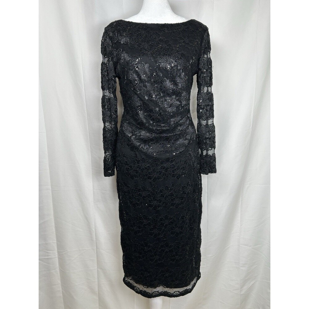 Jessica Howard Black Sequin Lace Overlay Evening Dress Women’s Size 8 Ruched LBD